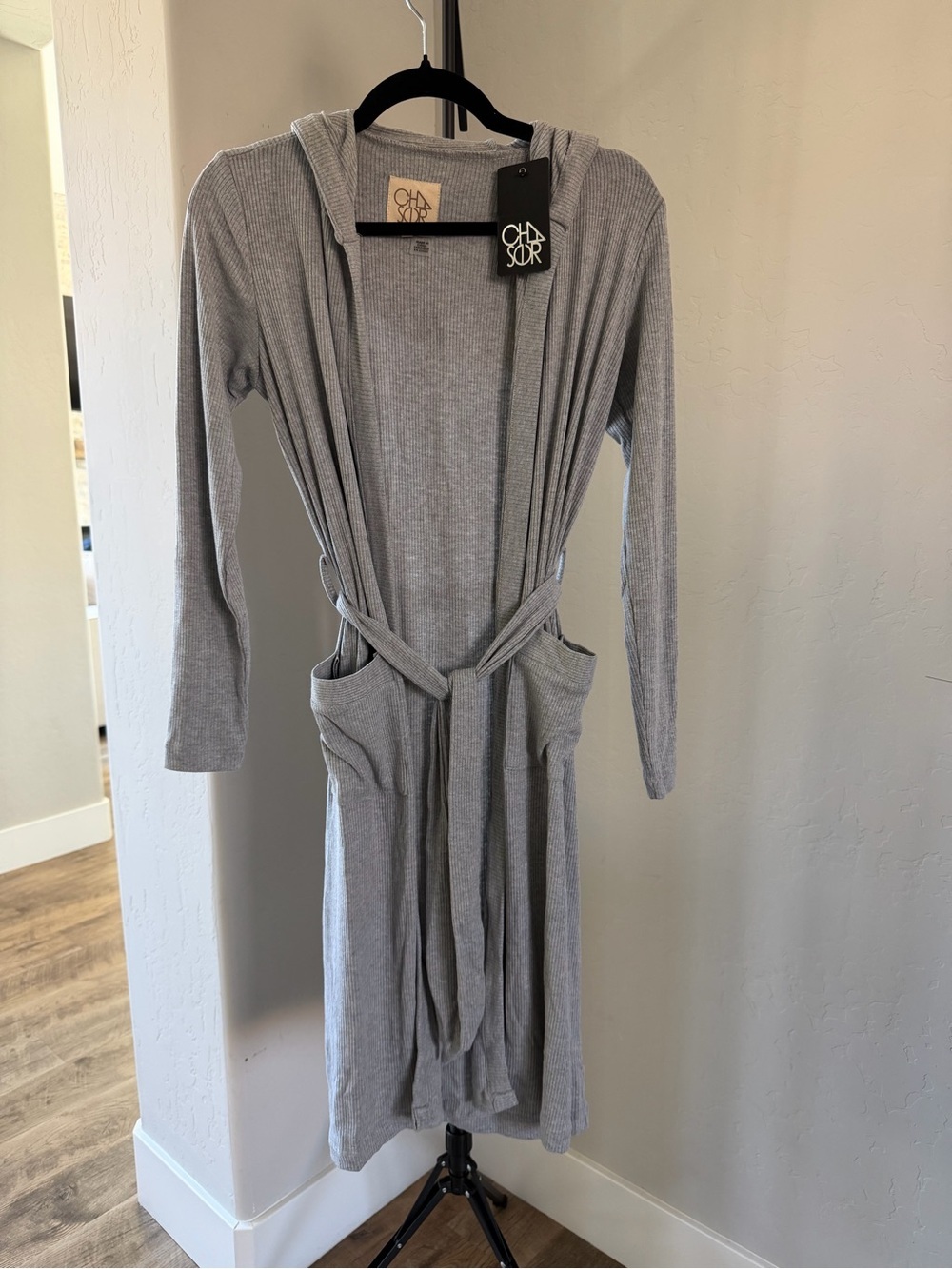 Chaser Ribbed Hooded Lounge Robe NWT Heather Gray Tie Waist XS